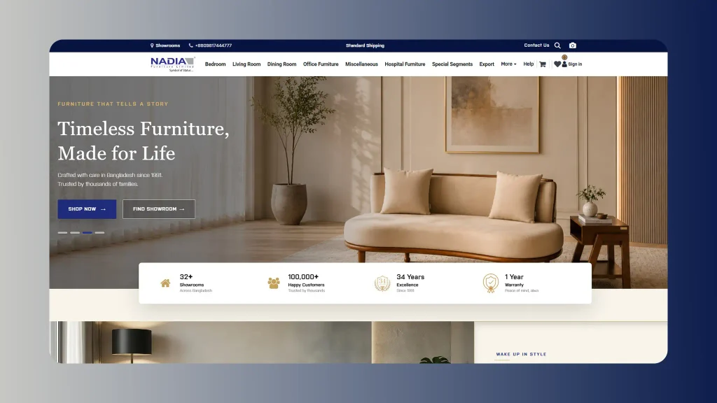 Nadia Furniture homepage showing bedroom, living and office furniture collections
