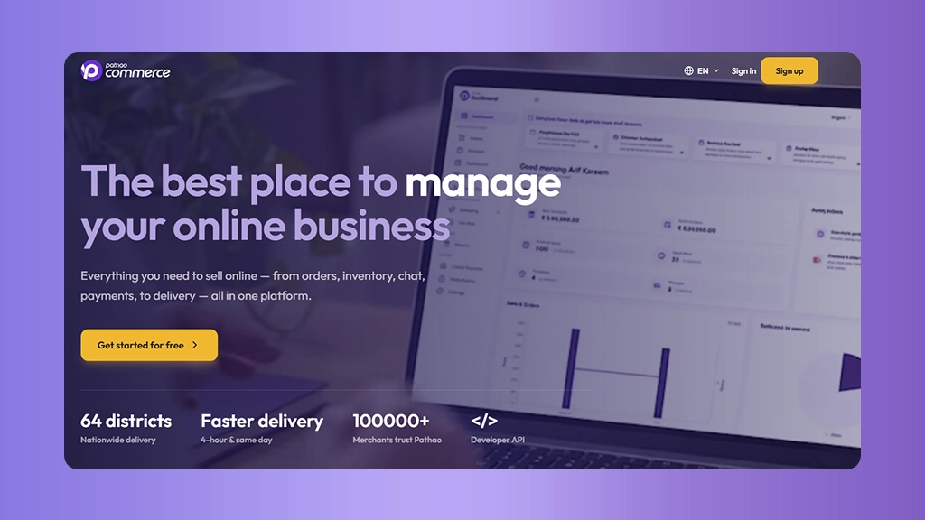 Pathao Commerce homepage showing its merchant dashboard for orders, chat and delivery