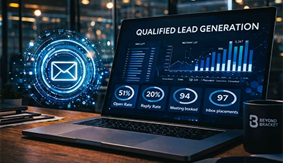 Cold email marketing agency dashboard showing qualified lead generation metrics, reply rate, meetings booked, and inbox placement on a laptop screen