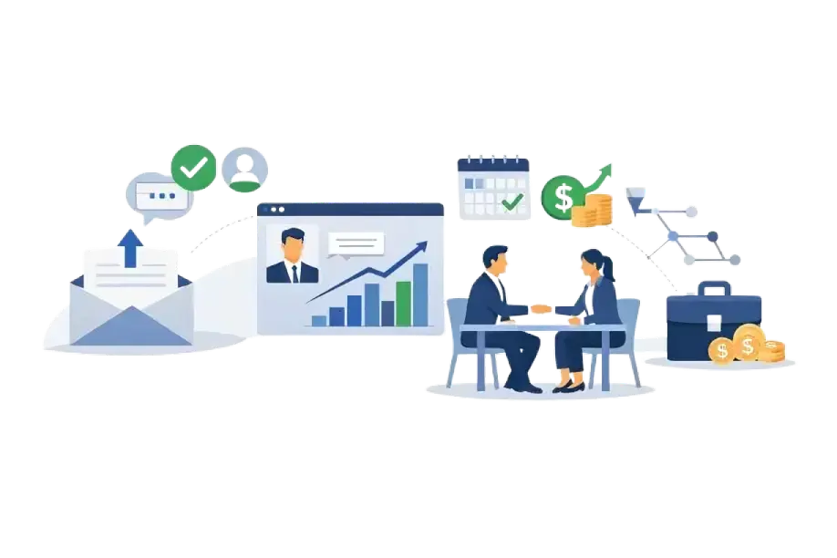 Cold email success illustration showing qualified leads, campaign growth, booked meetings, and revenue results from email outreach