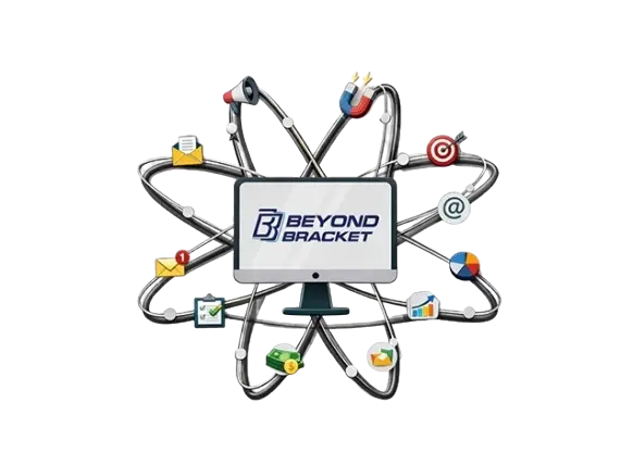 White label cold email services for agencies illustration with Beyond Bracket branding, email outreach icons, automation, lead generation, and campaign management tools