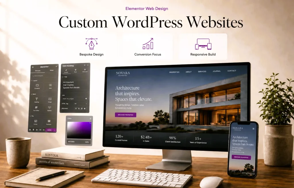 Custom WordPress website design with Elementor Pro showing responsive desktop and mobile layouts, Elementor editing panels, and conversion-focused design features.
