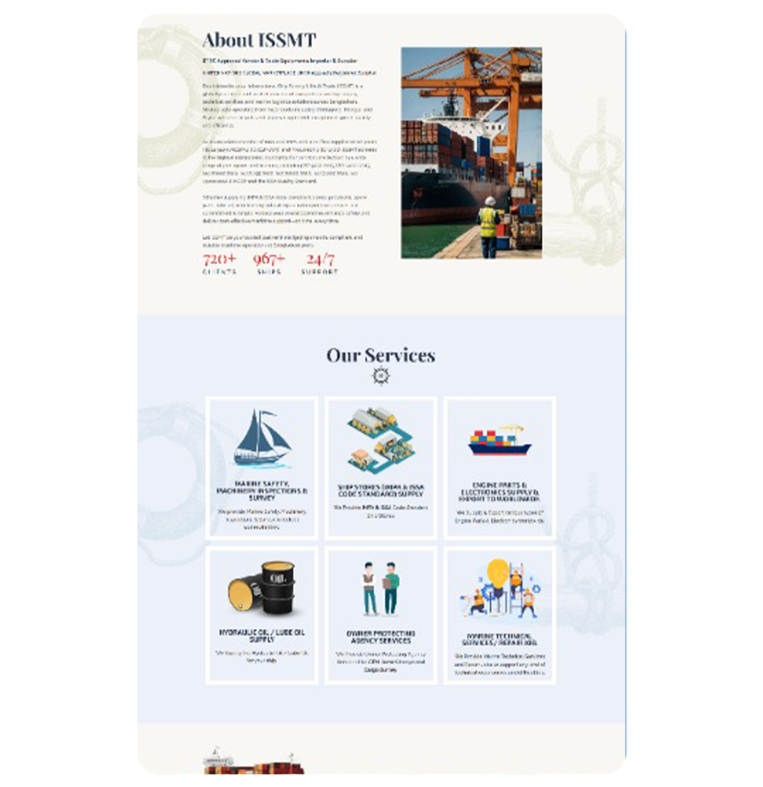 ISSMT about page and services section showing 720 plus clients 967 plus ships and six marine service categories