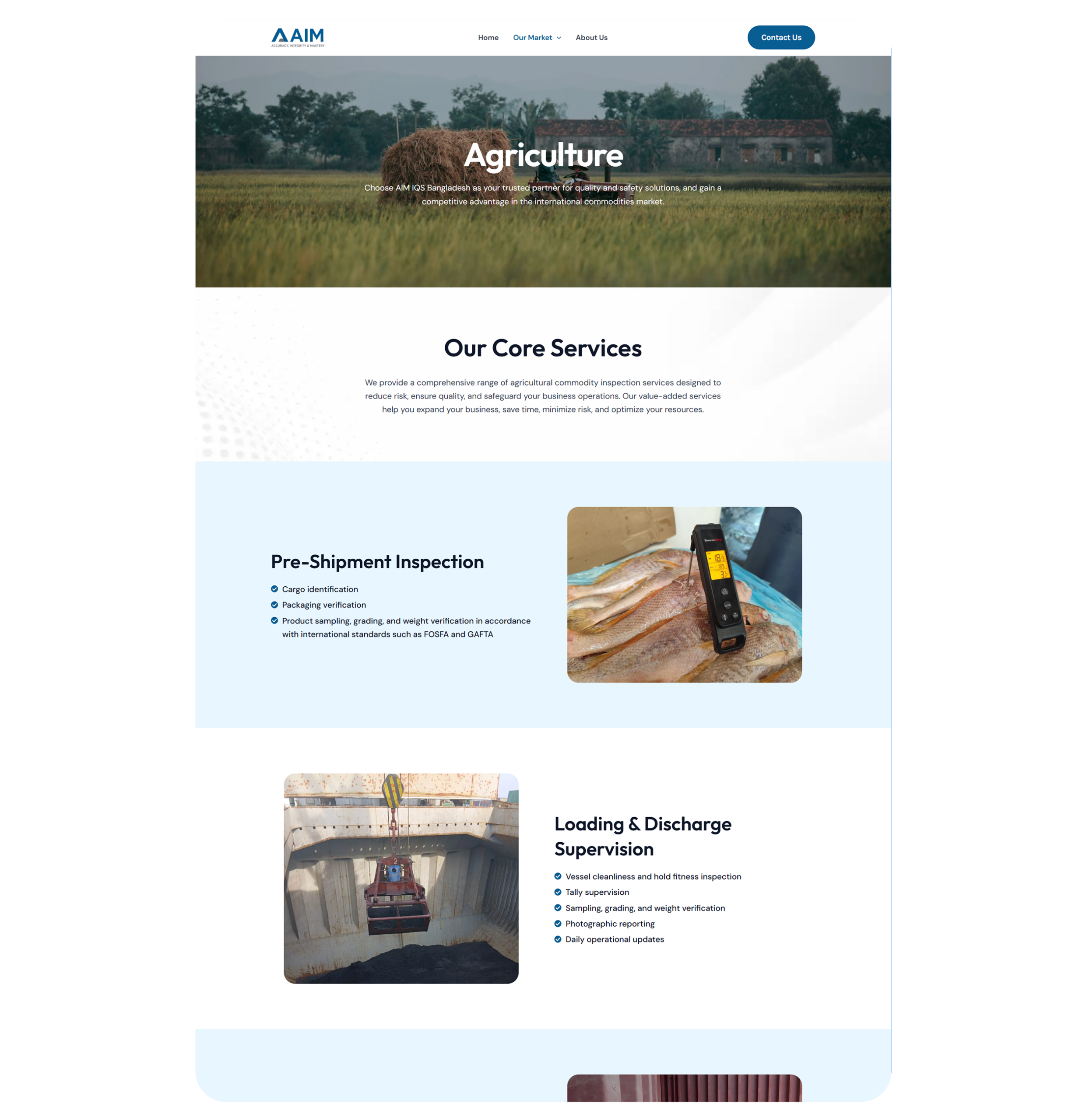 AIM IQS agriculture inspection service page showing pre-shipment inspection and loading supervision services