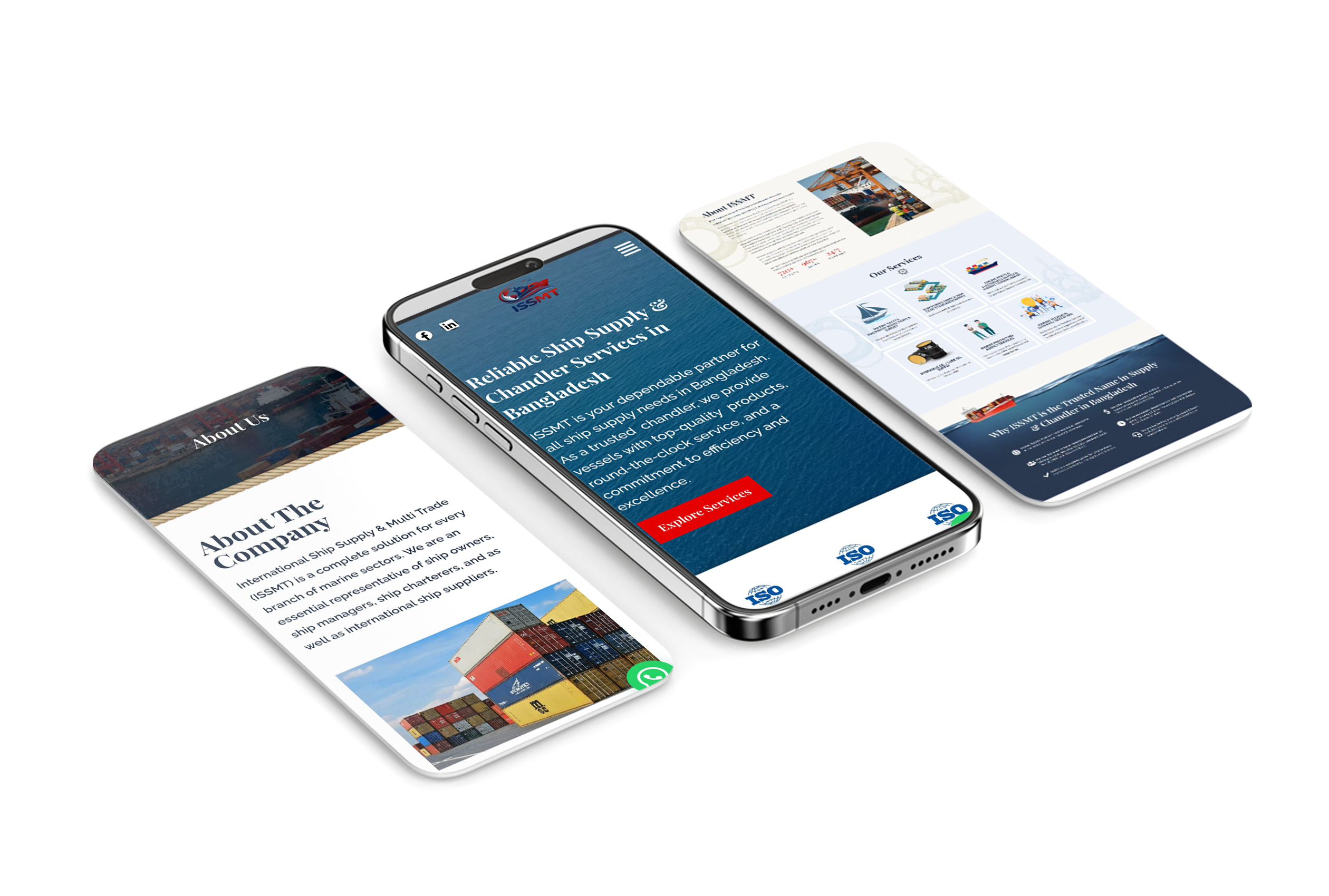 ISSMT ship chandler WordPress website redesign mobile responsive view showing homepage and service pages