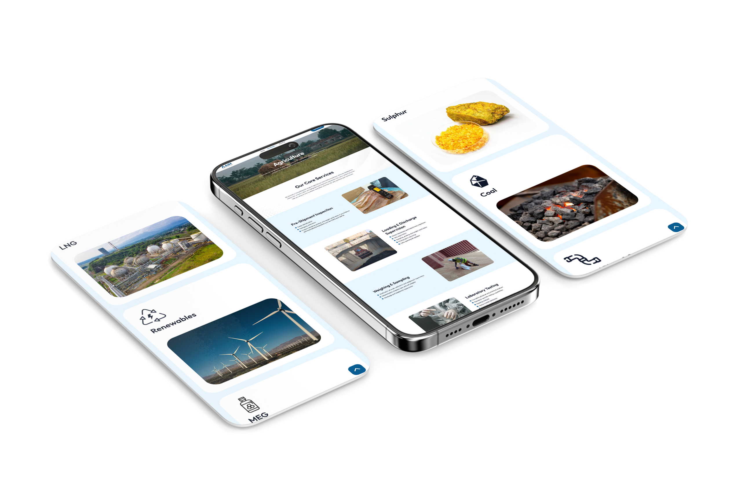 AIM IQS mobile website design showcasing agriculture, LNG, renewable energy, sulphur and coal inspection services