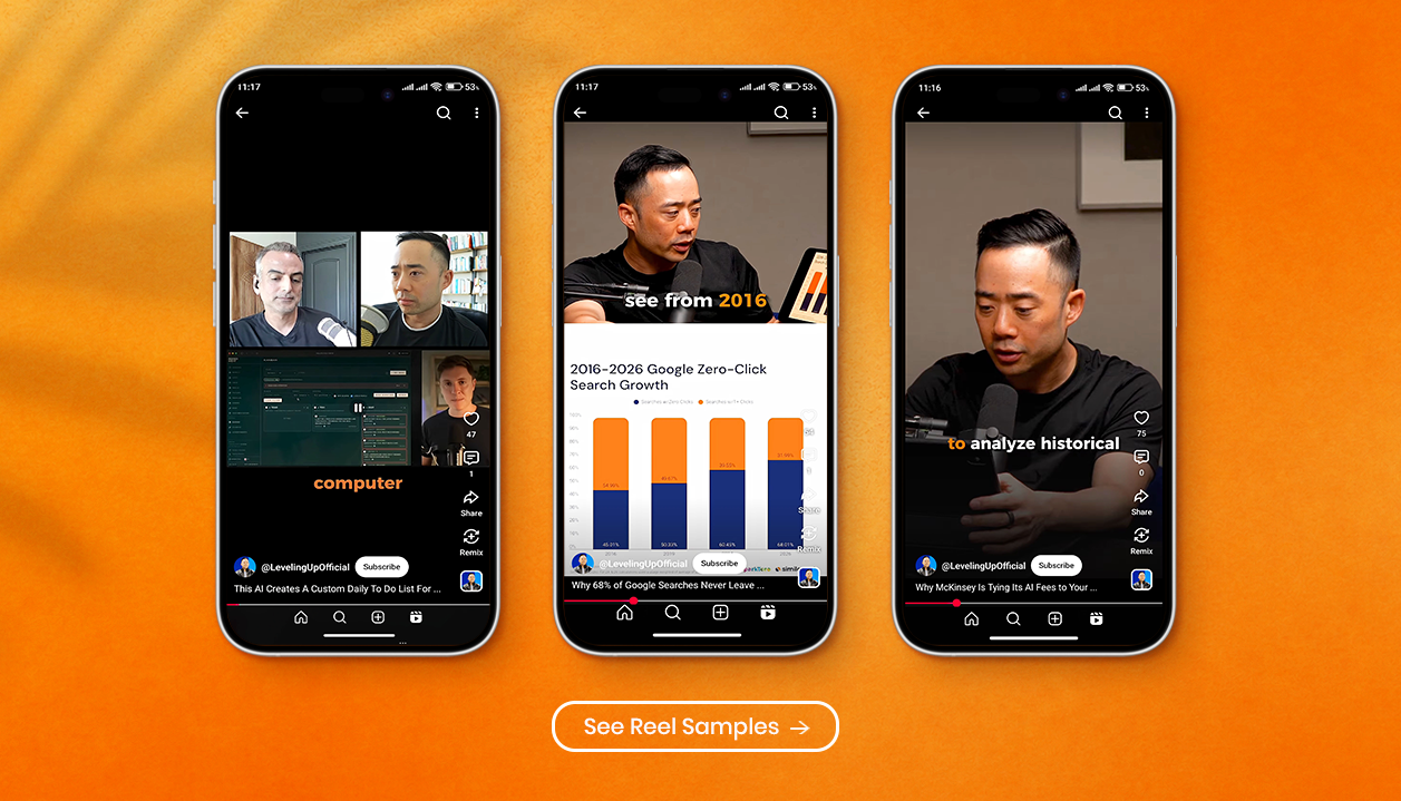 More podcast clips from Eric Siu's Leveling Up channel edited into captioned vertical YouTube Shorts by Beyond Bracket, shown on three mobile screens