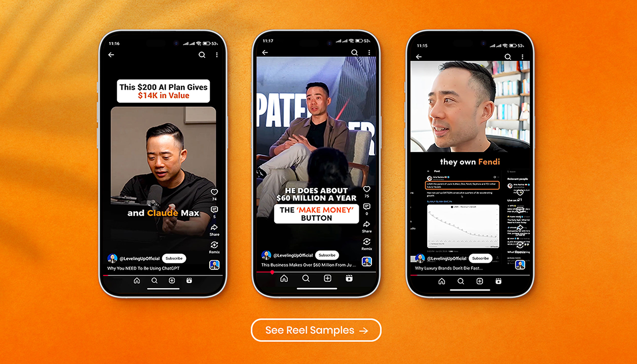 Podcast clips from Eric Siu's Leveling Up channel edited into captioned vertical YouTube Shorts by Beyond Bracket, shown on three mobile screens