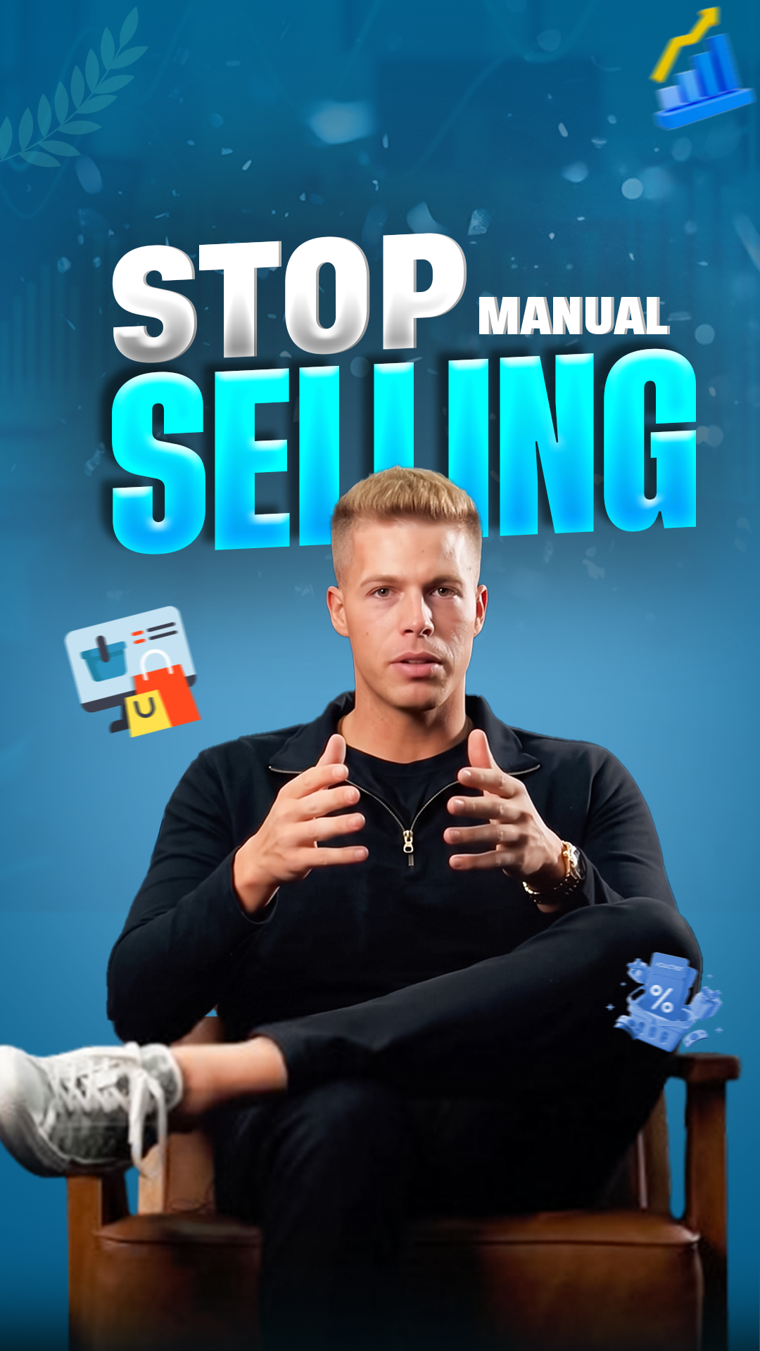VSL still edited by Beyond Bracket for Kevin Dana, bold Stop Manual Selling text over a talking-head frame with motion graphics
