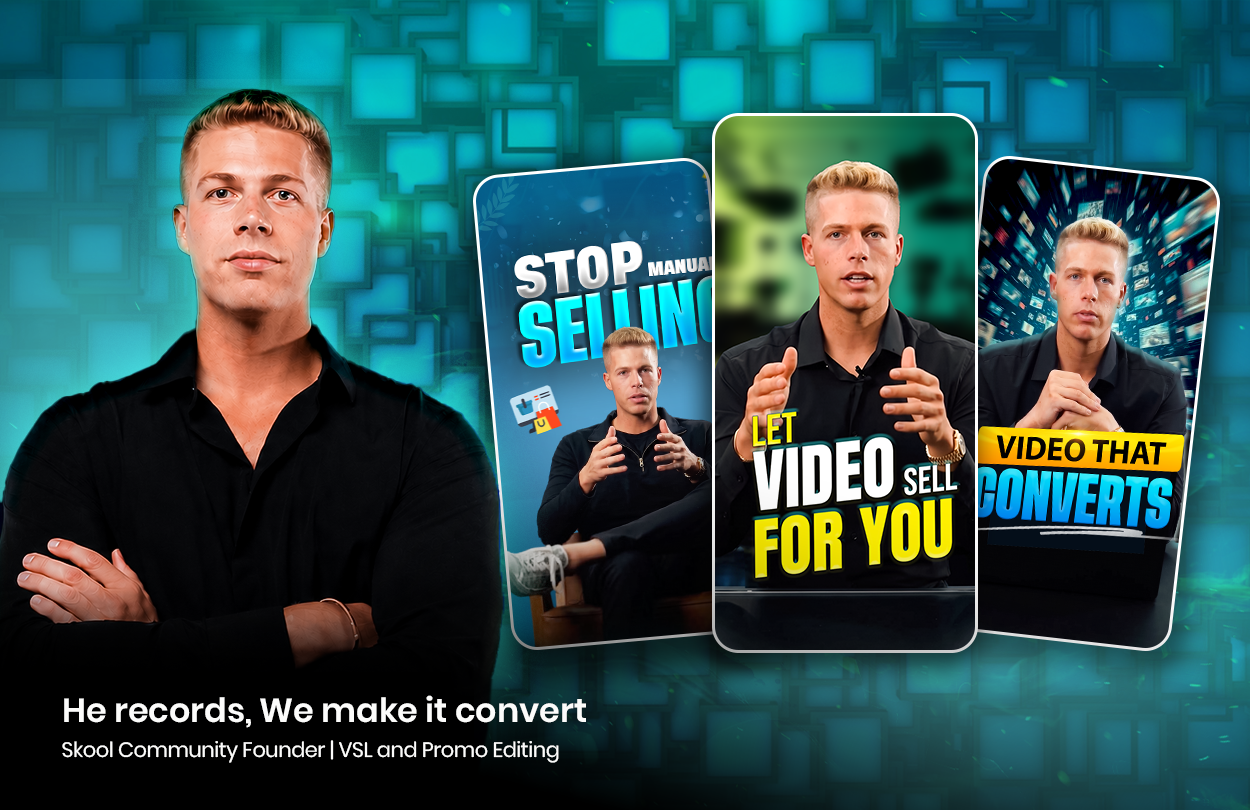 Video sales letter case study by Beyond Bracket showing Kevin Dana of BuildRemote beside three vertical VSL and promo video stills with burned-in captions