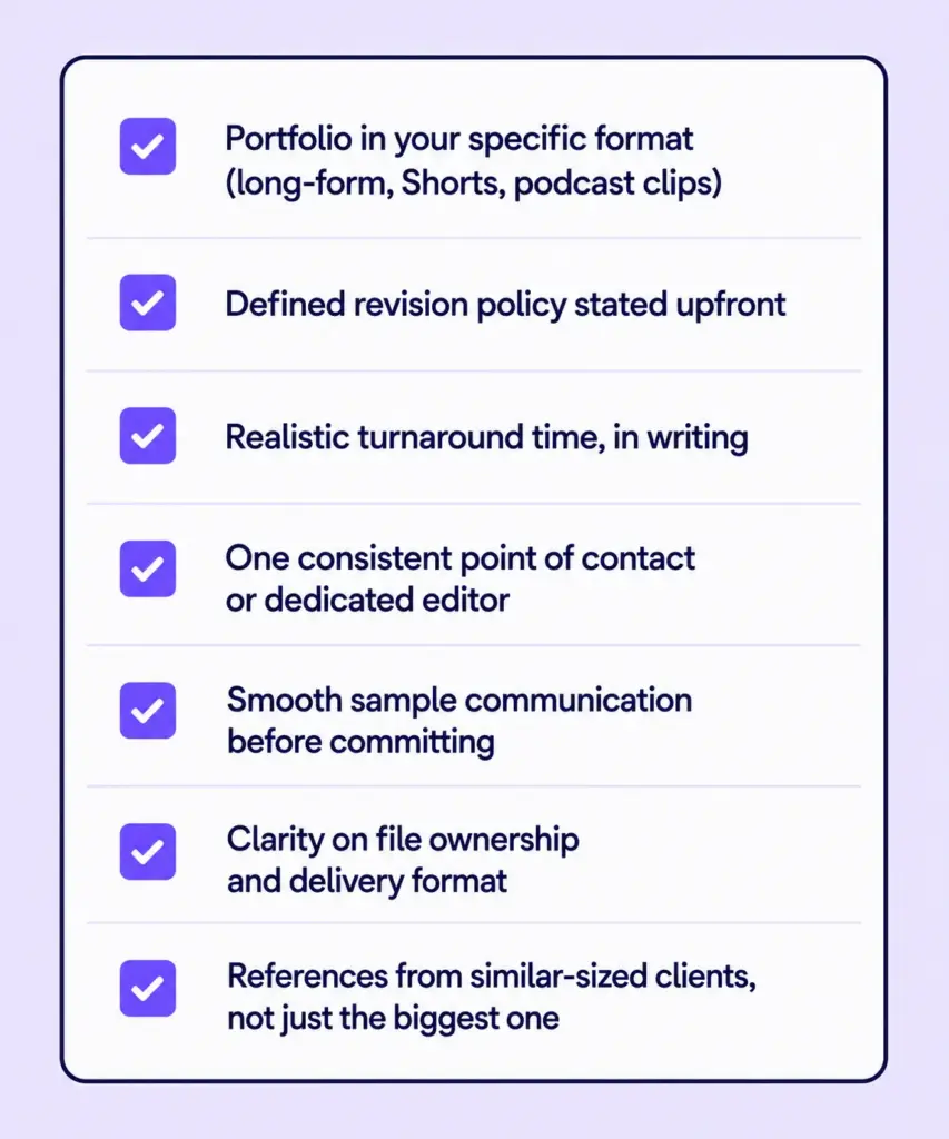 Checklist for vetting a video editor or agency before outsourcing video editing