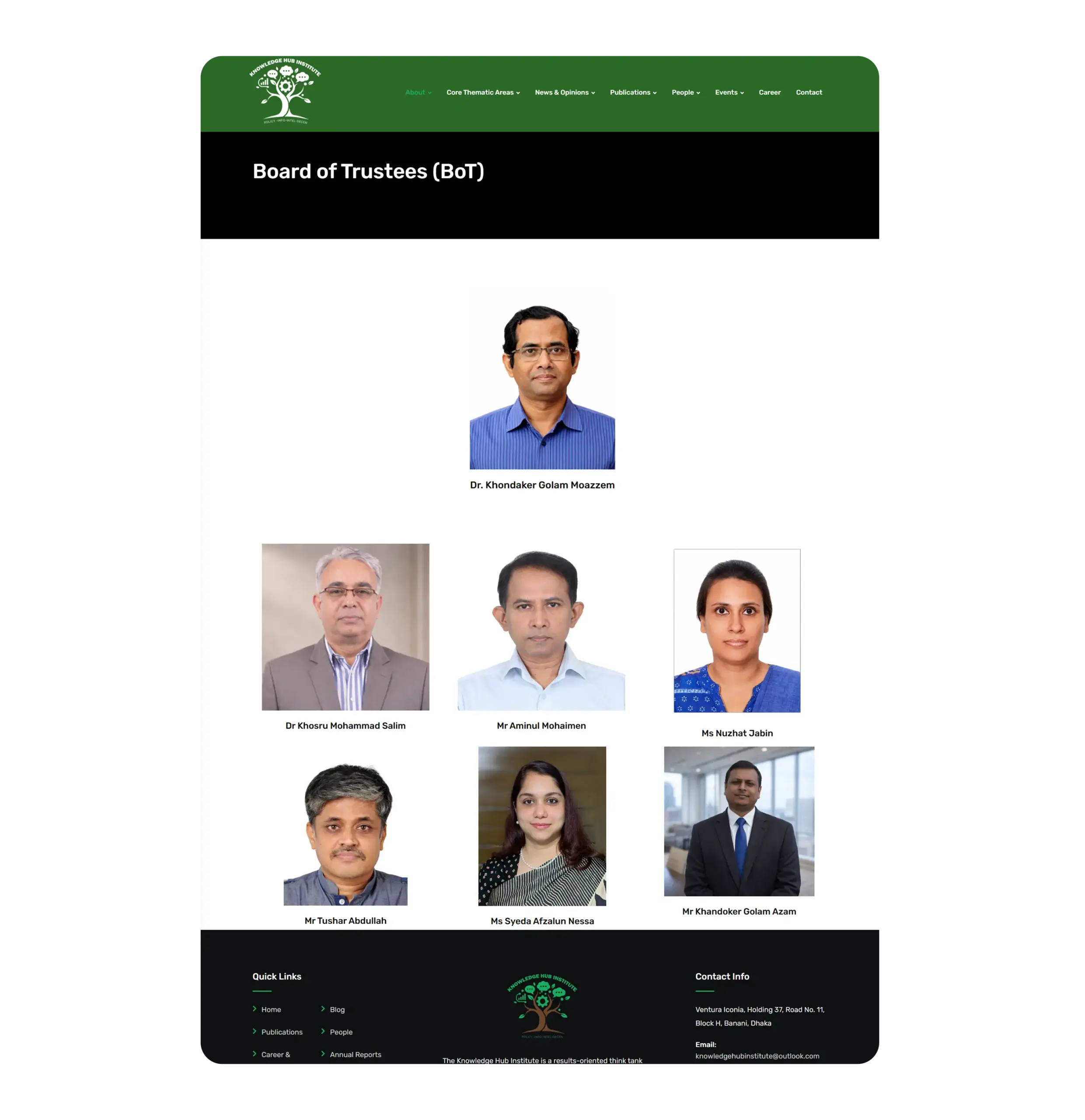 Knowledge Hub Institute website structure showing governance, research units, data lab, publications, people and events