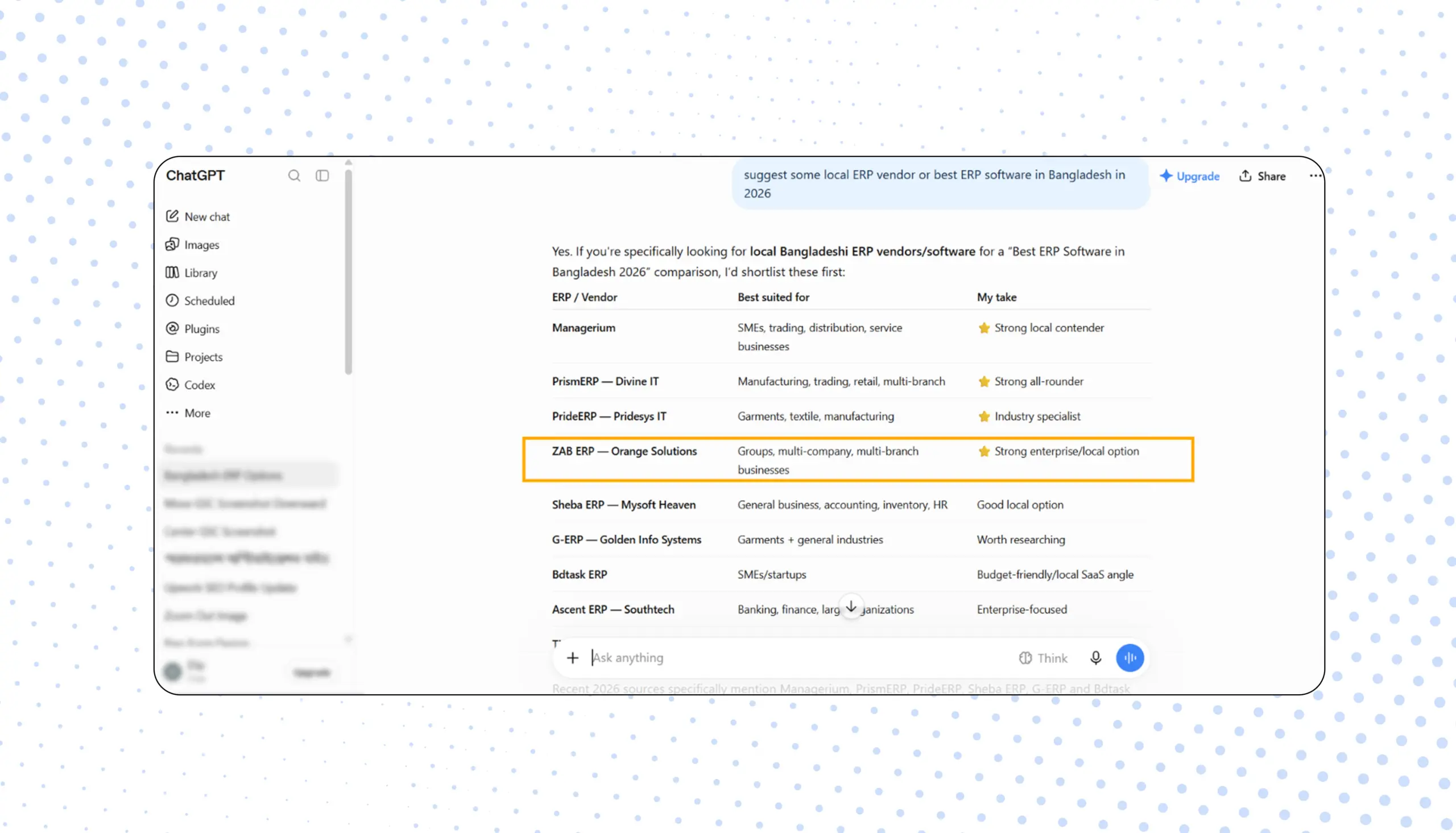 AI assistant citing Orange Solutions Ltd. as a source for ERP software in Bangladesh
