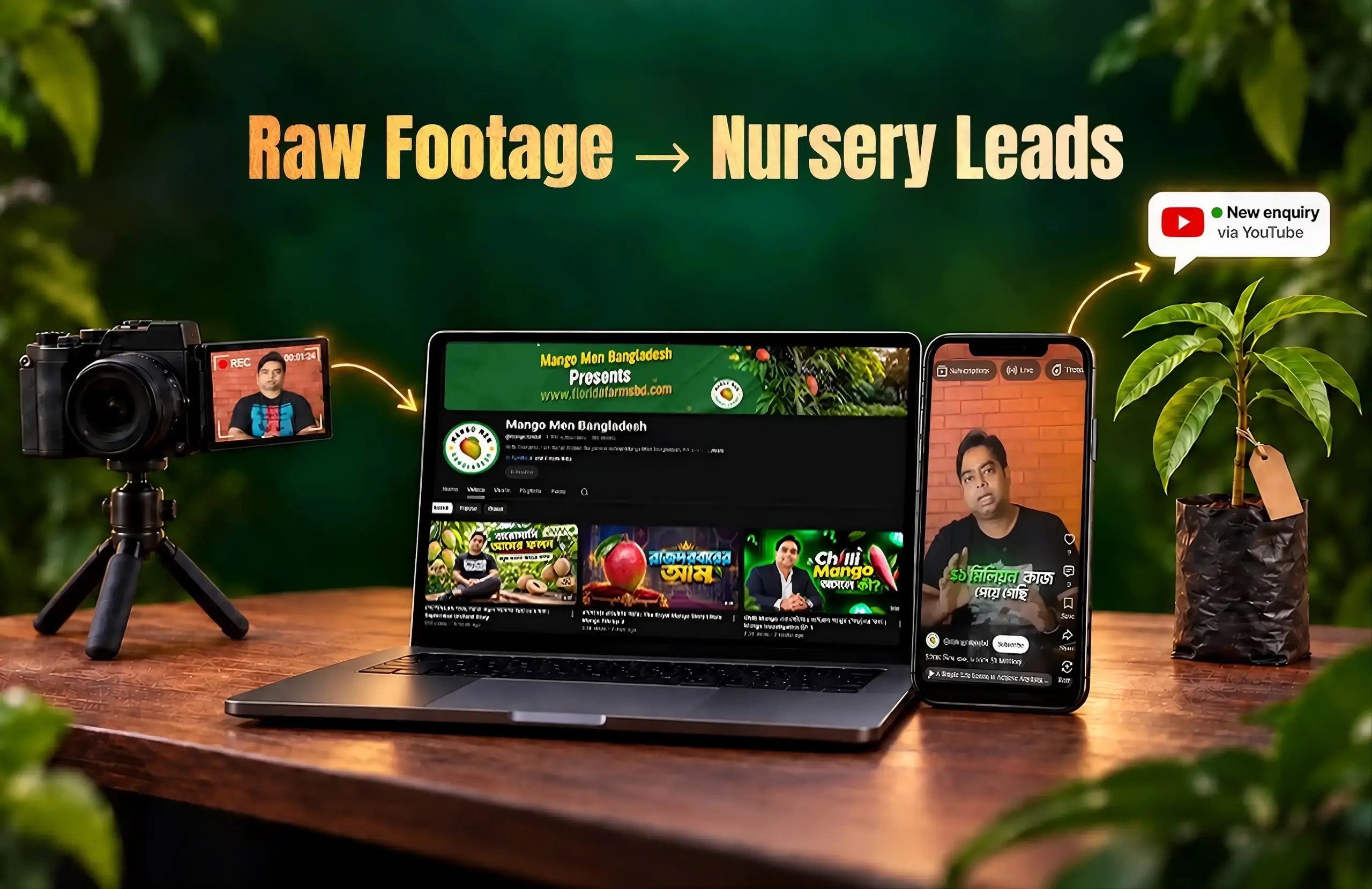 YouTube channel management case study for Mango Men Bangladesh, from raw camera footage to a managed channel and nursery leads